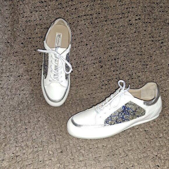 WERNER KERN-Carol-White Leather/Blue/Silver Glitter-Dance Sneakers-Sz 7.5UK/10US - Picture 1 of 8